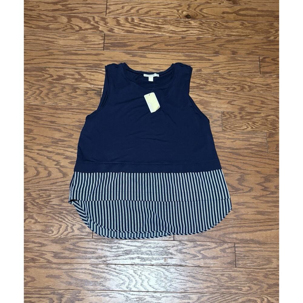 Michael Kors Women's Navy Blue White Striped Sleeveless Layered Tank Top, Size L